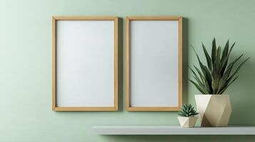 Two Wooden Picture Frames on Olive Wall with Succulent Shelf photo