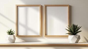 Elegant Wooden Frames and Succulent on Minimalist Shelf in Interior photo