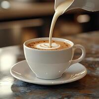 Barista Pouring Milk into Coffee Cup in Elegant Cafe Setting photo