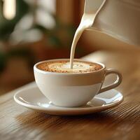White Mug with Coffee and Milk Being Poured in Cafe photo