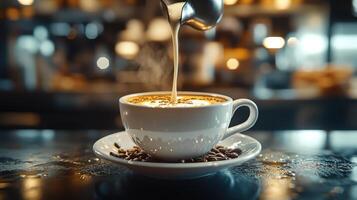 Realistic Milk Pouring into Coffee in White Mug on Saucer photo