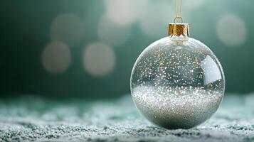 Snowflakes Inside Transparent New Years Ball with Golden String Decoration photo