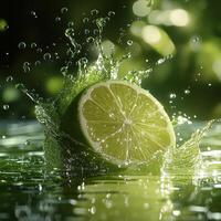 Photorealistic Splash of Lime Juice Bursting with Vibrant Green Hue photo