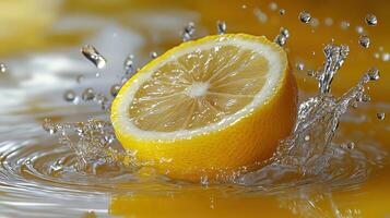 Ultra-Detailed Lemon Slice Splashing into Water with Crystal-Clear Droplets photo