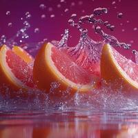 Cinematic Slow-Motion Grapefruit Splash in Water, Pink and Red Hues photo