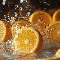 Hyper-Realistic Citrus Explosion with Orange Slices and Droplets in 8K photo