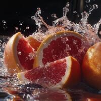 Hyper-Realistic Grapefruit Slices Splashing in Water with Clear Liquid photo