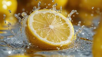 Bright Yellow Lemon Dropping into Water with High-Speed Splash in 8K photo