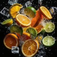 Floating Lemon, Orange, Lime Slices in Surreal Citrus Explosion photo