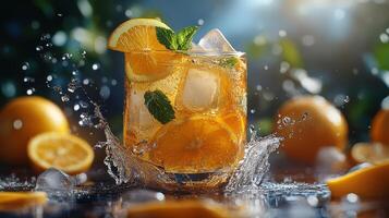 Refreshing Summer Citrus Drink Splash with Lemon, Orange, Ice Cubes photo