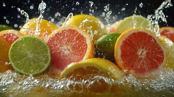 Citrus Fruits in Midair with Dynamic Splash of Orange, Lemon photo
