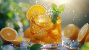 High-Resolution Citrus Drink Splash with Lemon, Orange, Ice, Mint photo