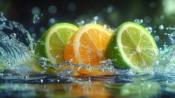 Futuristic Citrus Splash of Glowing Lemon, Lime, and Liquid Light photo