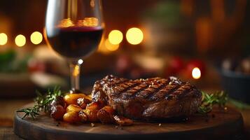 Cozy Atmosphere with Ribeye Steak and Red Wine in Reflection photo