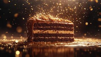 Golden Caramel Splash and Floating Chocolate Cake in Photorealistic photo