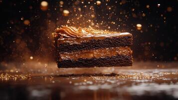 Luxurious Caramel Splash Surrounding Chocolate Cake Slice in Golden Tones photo