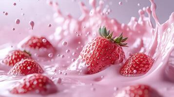 High-Resolution Strawberry Milk Splash with Frozen Strawberries and Pastel Tones photo