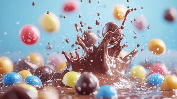 Vibrant Candy Chocolates Exploding in Bright and Energetic Playful Chaos photo