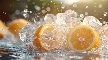 Crystal-Clear Sparkling Lemonade Burst with Ice and Fresh Lemon Slices photo