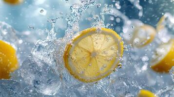Vibrant Lemonade Splash with Ice, Lemon Slices, and Crystal-Clear Detail photo