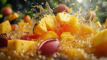 Tropical Juices Splashing in Midair with Mango, Pineapple, Passion Fruit photo