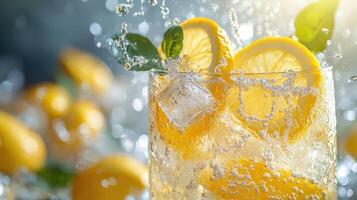 Bright Summery Splash of Lemonade with Ice Cubes and Lemon photo