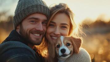 Young Couple Embracing with Their Puppy in Hyper-Detailed Friendship photo
