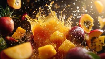 Hyper-Realistic Splash of Mango, Pineapple, Passion Fruit Juices in Midair photo