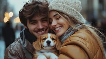 Happy Couple with Puppy, Heartwarming Hug and Friendship Moment photo