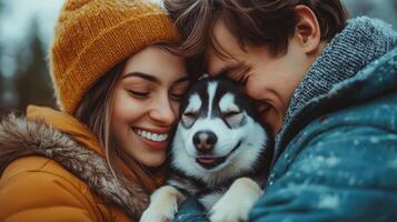 Young Couple with Puppy, Joyful Hug and Friendship photo
