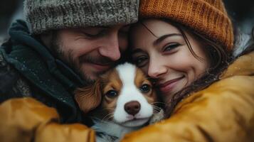 Happy Couple Hugging Puppy, Friendship and Joy in Ultra-HD photo