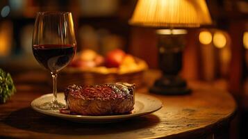 Cozy Steak and Wine Scene with Soft Golden Lamp Lighting photo