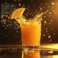 Hyper-Realistic Splash of Orange Juice with Dramatic Backlighting Details photo
