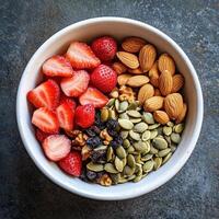 Healthy Mix of Almonds, Dried Strawberries, Pumpkin Seeds, Nuts photo