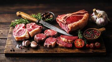 Premium Cuts of Meat and Butcher's Knife on Rustic Table photo