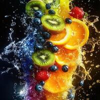 High-Speed Splash of Vibrant Fruit Juices in a Surreal Scene photo