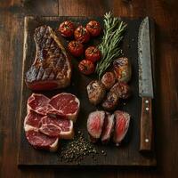 Rustic Wooden Table with Juicy Steak, Lamb Chops, and Pork Belly photo