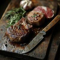 Artfully Arranged Cuts of Meat with Butchers Knife on Table photo