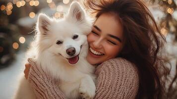Overjoyed Girl and Her White Spitz Dog Enjoying a Happy Photoshoot photo