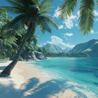 Pristine tropical coastline with turquoise waters and lush palm trees photo