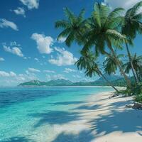 Stunning tropical beach, turquoise water, soft sand, and palm trees photo