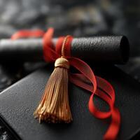 Ultra-detailed close-up of graduation cap and diploma with red ribbon photo