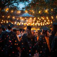 Energetic graduation celebration with colorful confetti, string lights, and smiles. photo