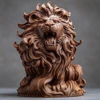 Roaring Chocolate Lion Sculpture with Regal Fur Texture and Golden Cocoa photo