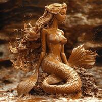 Fantasy Chocolate Mermaid with Caramel Hair and Cocoa Scales on Chocolate Rock photo