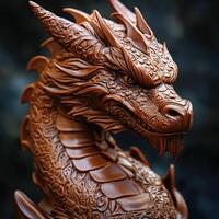 Intricate Chocolate Dragon Sculpture with Dramatic Lighting and Hyper-Realistic Finish photo