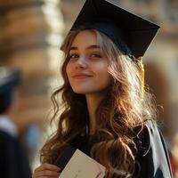 Proud graduate in cap and gown standing in front of university. photo