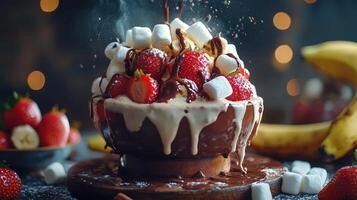 Gourmet Chocolate Fondue with Fresh Fruit and Marshmallows Dipped photo