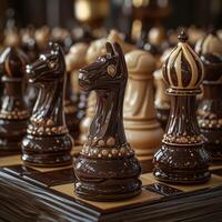 Glossy Dark Chocolate Chess Set with Caramel Knights and Artistic Composition photo