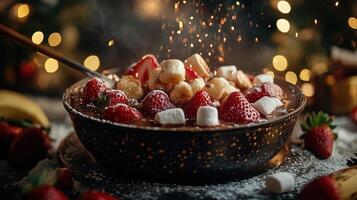 Ultra-Detailed Chocolate Fondue with Fresh Strawberries, Marshmallows, and Bananas photo
